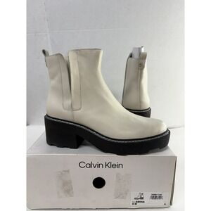 Calvin Klein Women's Amina Leather Block Heel Chelsea Boots Chic Cream Size 8M